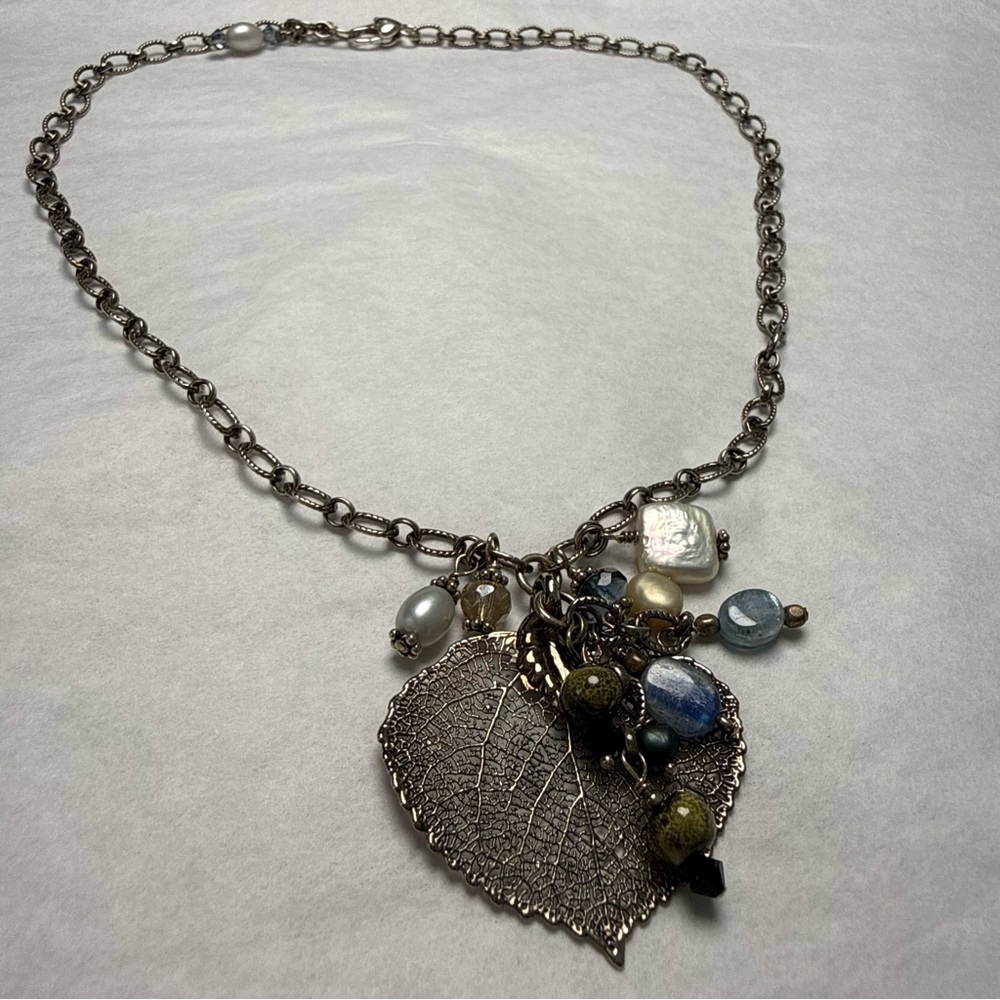 18” Silver Leaf Pendant Necklace with Pearl and Stone Bead Charms